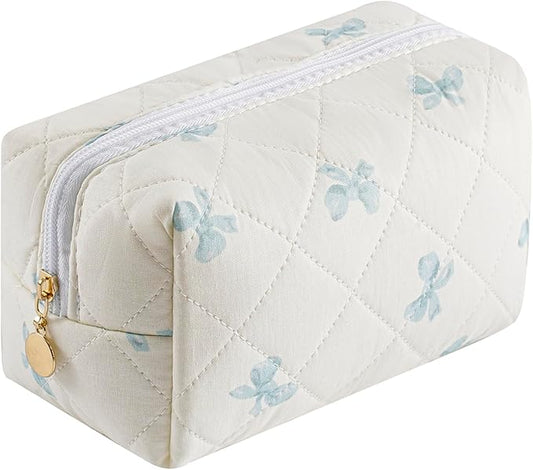 Makeup Bag Travel Cosmetic Bag for Women Girls, Zipper Make Up Pouch, Floral Flowers Toiletry Organizer Makeup, Portable Storage Bag, Cosmetic Travel Cloth Bag (Blue Bow Tie)