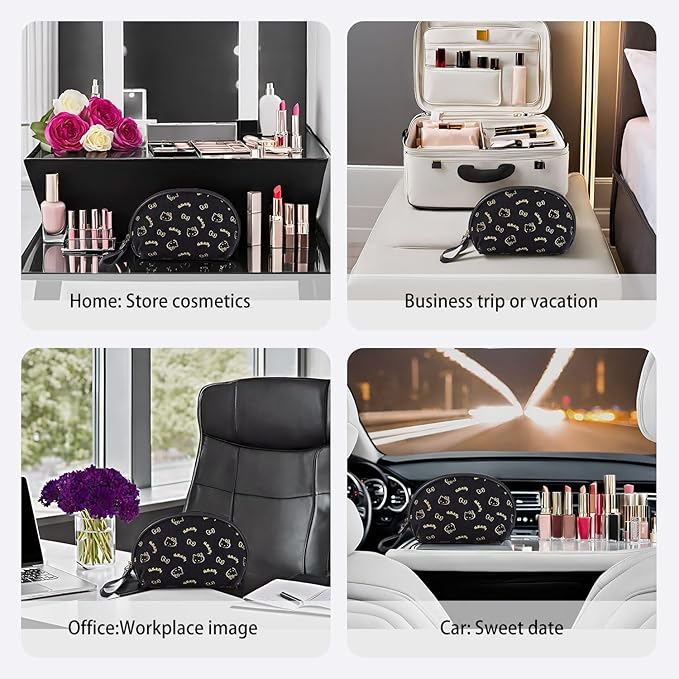 AmBealla Small Cosmetic Bag Portable Storage Bag for Women,Cute Compact Travel Makeup Bag for Keys and Phone, Black Hot Stamping Pattern Cotton Organizer with Wristband,Portable Mini Bag for Girls