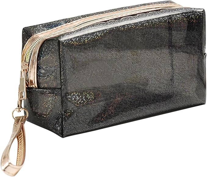 Clear Colorful Makeup Bag, Thick PVC Small Clear Toiletry Bag for Travel, Waterproof Cosmetic Bag with Durable Zipper & Detachable Strap, Cute Transparent Pouch Organizer for Women, 7.1×4×3 In Black