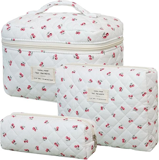 3 Pack Makeup Bag Set, Quilted Cosmetic Bag, Large Floral Makeup Bags, Cotton Makeup Bags, Coquette Makeup Pouch, Make Up Organizer Bag, Flower Travel Toiletry Bag (Cute Cherry)