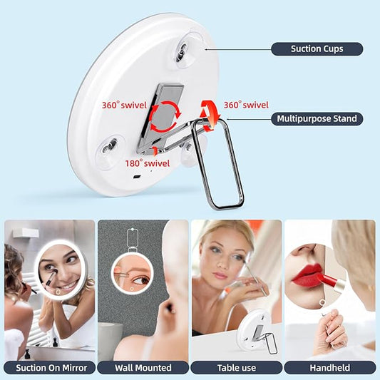 5X Magnifying Mirror with Lights, 5X Makeup Magnification 6inch Magnified Mirror Large Travel Lighted Magnification with Adjustable Table Stand & Suction Cups - Included Tweezers & Scissors Set