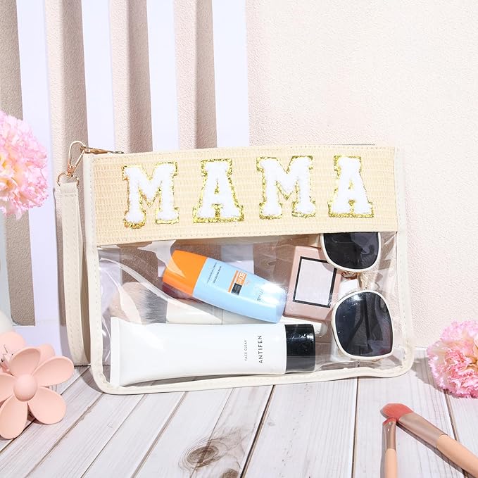Mama Bag Mother Gifts Mama Chenille Letter Clear Makeup Bag Pouch Clear Zipper Pouch with Wristlet Travel Cosmetic Bag Graduation Retirement Mama Gifts for Women