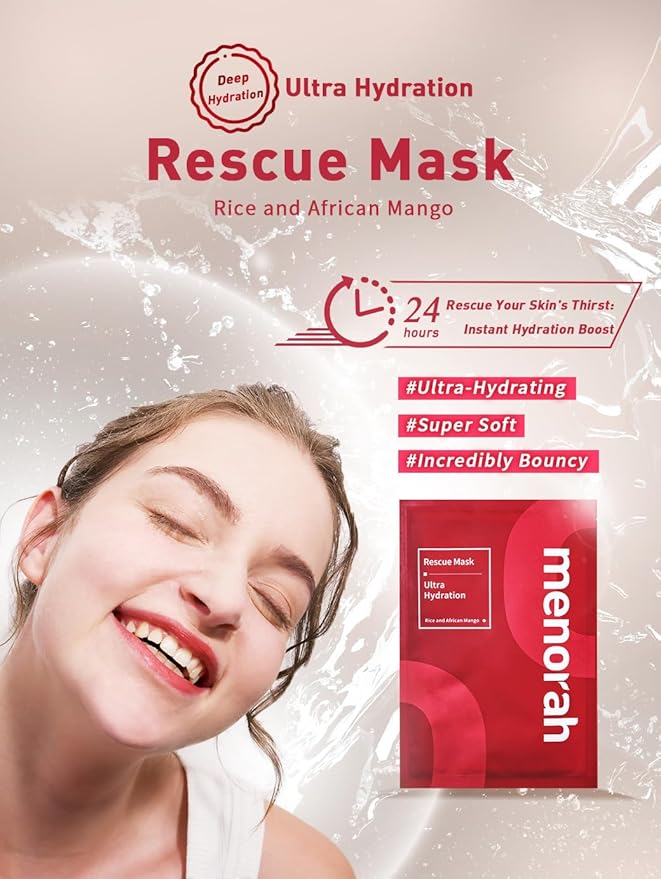 menorah skincare - Ultra Hydration Rescue Sheet Mask (4 Sheets) - with Rice, African Mango, Face sheet masks, Moisturizing mask, Super Hydration and Moisturizing, 100% Organic cotton sheet mask