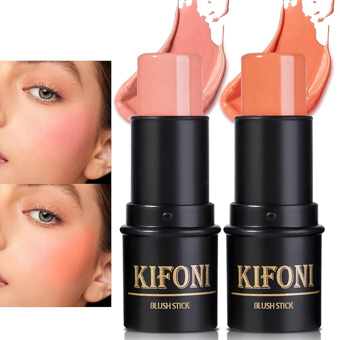 2 Pcs Cream Blush Stick Makeup Kit, Natural Shimmer & Matte Wand for Cheeks, Lightweight Blendable Silky Cream Makeup - #02 Soft Pink #03 Coral Orange