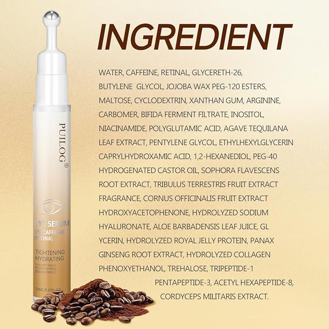 5% Caffeine Eye Serum with Retinal Peptides Hyaluronic Acid for Dark Circles Wrinkles & Eyelid Lift - Instant Morning Bags Depuffing - 360° Roller - Skincare Eye Cream for Women & Men (0.51 fl.oz)