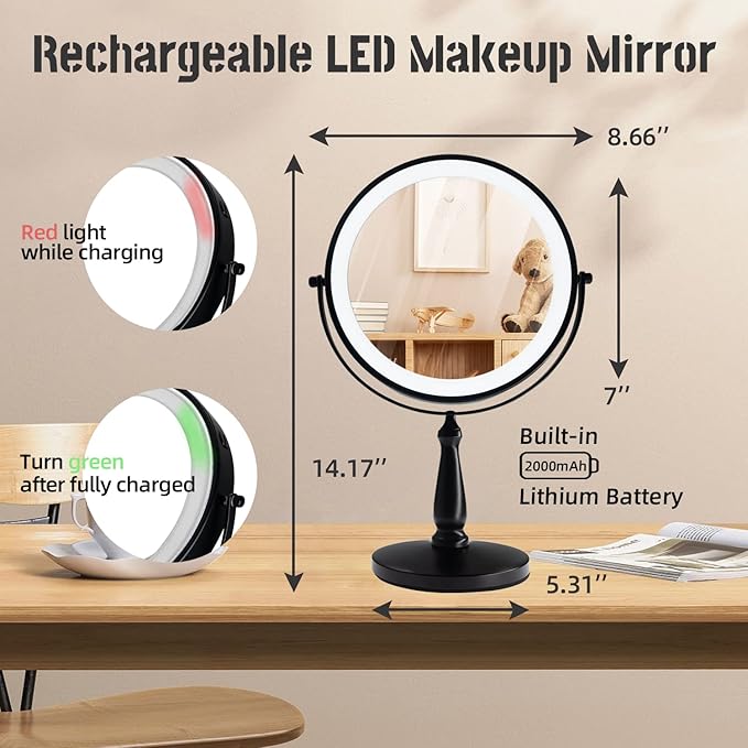 9 "Large Light Makeup Mirror, 1x / 10x True HD Magnifying Mirror, 3-Color LED Light dimmable, 2 Rechargeable Makeup Mirrors 360° Rotation, Standing Desk Makeup Mirror, Black