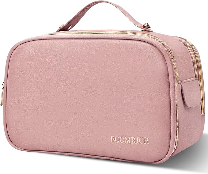 BOOMRICH Large Travel Makeup Bag, Cosmetic Bag, Toiletry Bag for Women, Water-Resistant Leather Toiletry Organizer, Dopp Kit for Toiletries Accessories, Pink