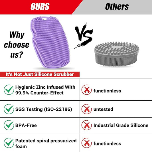 Silicone Body Scrubber - Zinc Infused-Highly Elastic Bristles Exfoliating Body Scrubber for Shower Body,Cellulite Reduction,Blood Circulation - Purple