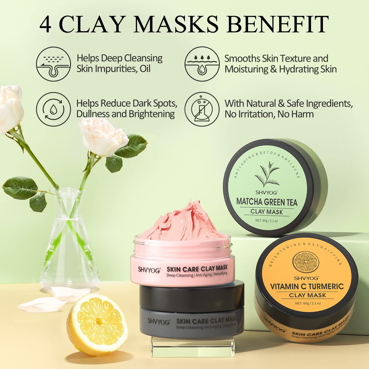 4 Pcs Clay Facial Mask Set - Turmeric, Vitamin C, Green Tea, Dead Sea Mud, and Rose Clay Skin Care Mask for Deep Cleansing, Moisturizing, and Refining Pores - 240g