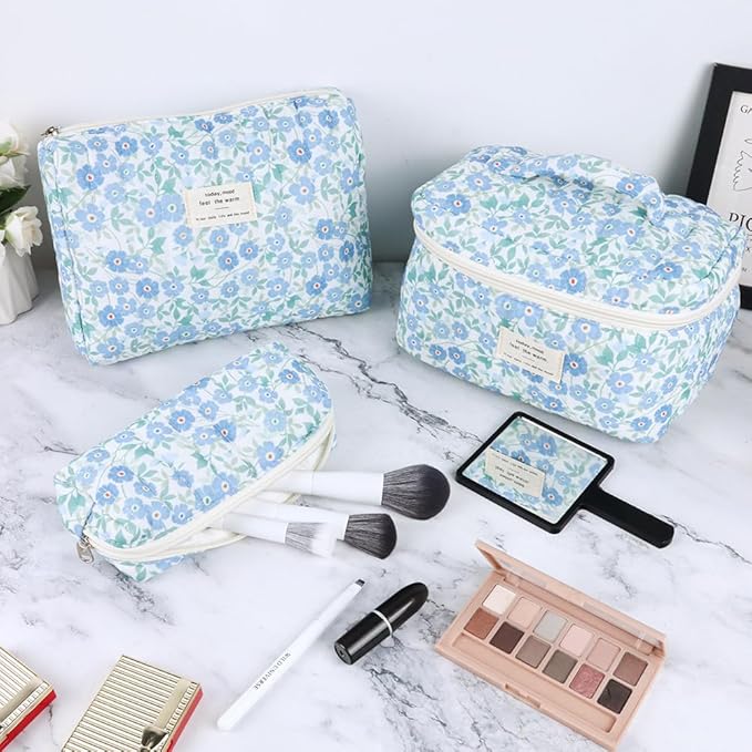 3Pcs Cotton Quilted Makeup Bag Set,Large Floral Cosmetic Bag，Aesthetic Toiletry Travel Makeup Bag Set and Cute Flower Bag for Women Girls (Blue Flower)