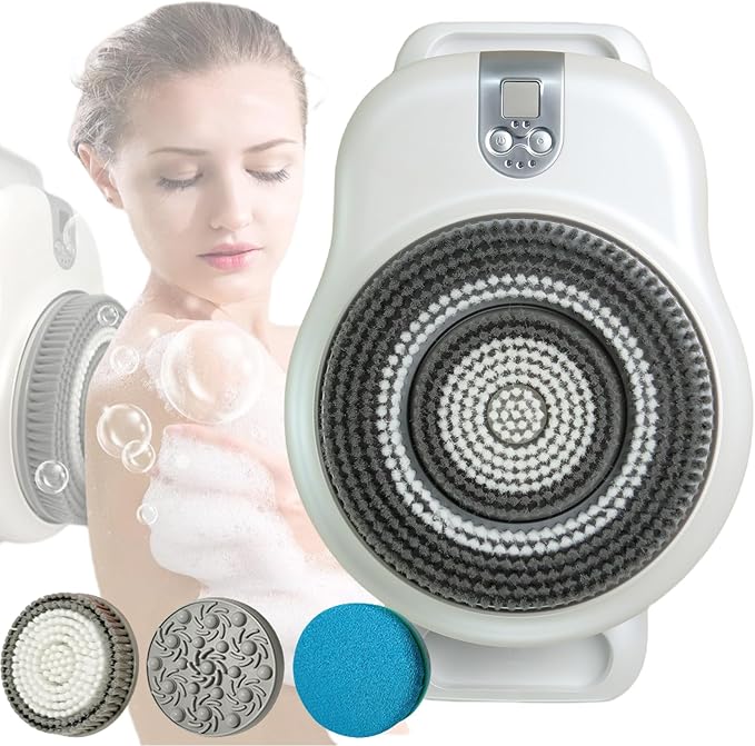 Wall Mounted Back Scrubber for Shower, Electric Exfoliating Brush with 7in Brush Head, 360° Automatic Rota-Tion, High/Low Gear, Body Scrubber for Shower, Deep Cleansing & Back Massage