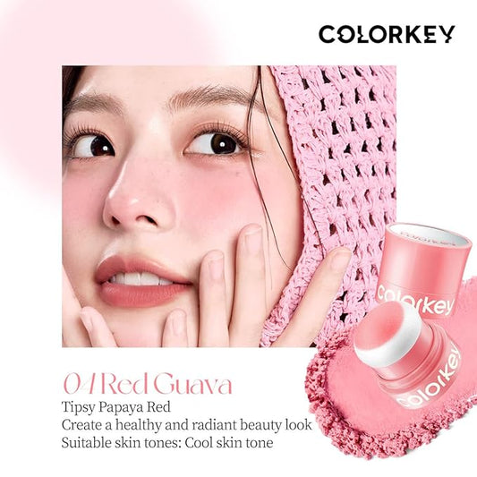 COLORKEY Shimmering Pudding Powder Blush, Lightweight, non-drying and smooth, Naturally Luminous Semi-Matte Finish, Self-contained brush, portable makeup (04 Red Guava, 3.2g)