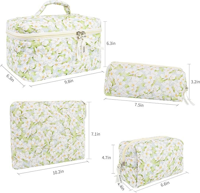 4Pcs Quilted Makeup Bag Set Cute Floral Cosmetic Bag Cotton Coquette Make up Bag Aesthetic Travel Toiletry Bag for Women Girls