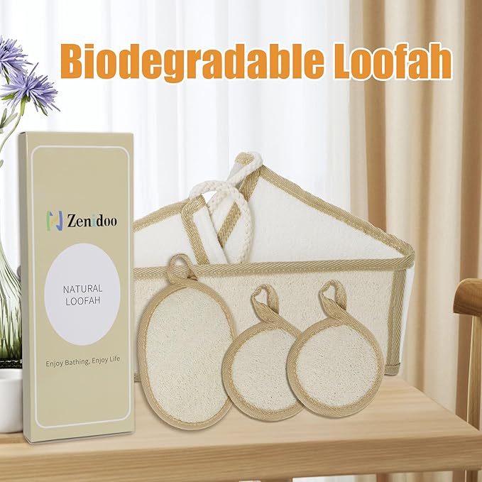 Loofah Sponge Exfoliating Body Scrubber(4 Pack), Zenidoo Natural Loofah Face Pad Bath Shower Body Scrubber for Women and Men, Made with Eco-Friendly and Biodegradable Luffa Pads,Large Size