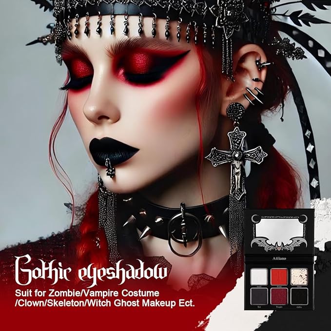 Black Red Eyeshadow Palette, Highly Pigmented True Red White Dark Grey Goth Smoky Eyeshadow Palette, 6 Color Matte Shimmer Burgundy Metallic Halloween Makeup Palette for Zombie Vampire Clown,Blendable