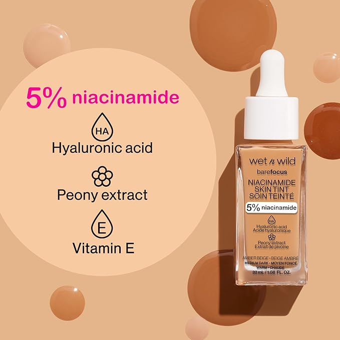 wet n wild Bare Focus Skin Tint, 5% Niacinamide Enriched, Buildable Sheer Lightweight Coverage, Natural Radiant Finish, Hyaluronic & Vitamin Hydration Boost, Cruelty-Free & Vegan - Deep
