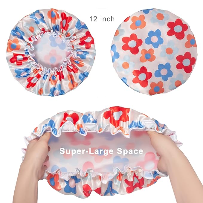 Aquior Large Shower Cap, Shower Cap for Women Reusable Waterproof, Bath Hair Cap for All Hair Lengths,for Ladies, Men and Kids (Flower)