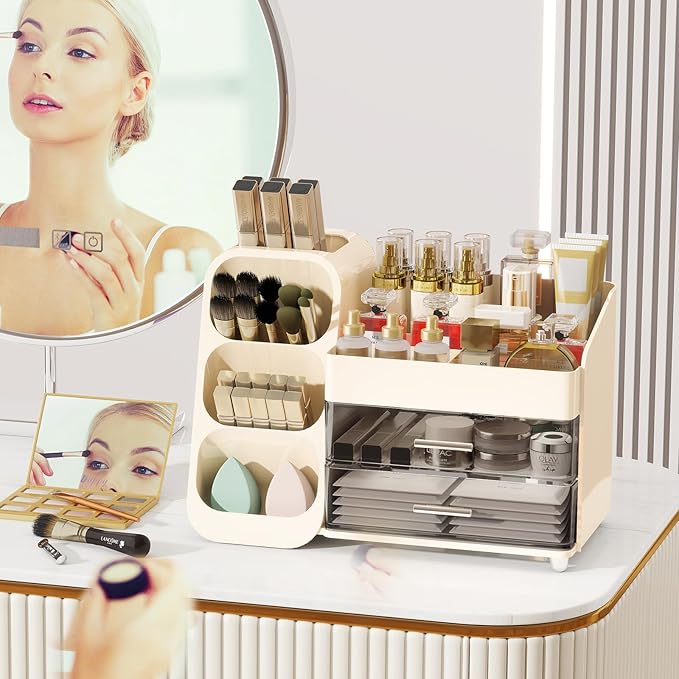 Makeup Organizer with Drawers for Vanity, Make Up Storage Kit, Spacious Cosmetic Display Case, Perfect Storage Solution for Beauty Essentials (Cream)