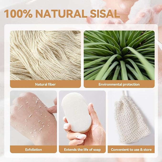 6 Packs Natural Sisal Bag - Exfoliating Foaming Pouch - Scrubber for Bath - Multiple Holders - Saver Bag Extend The Life of Your Soap Bar
