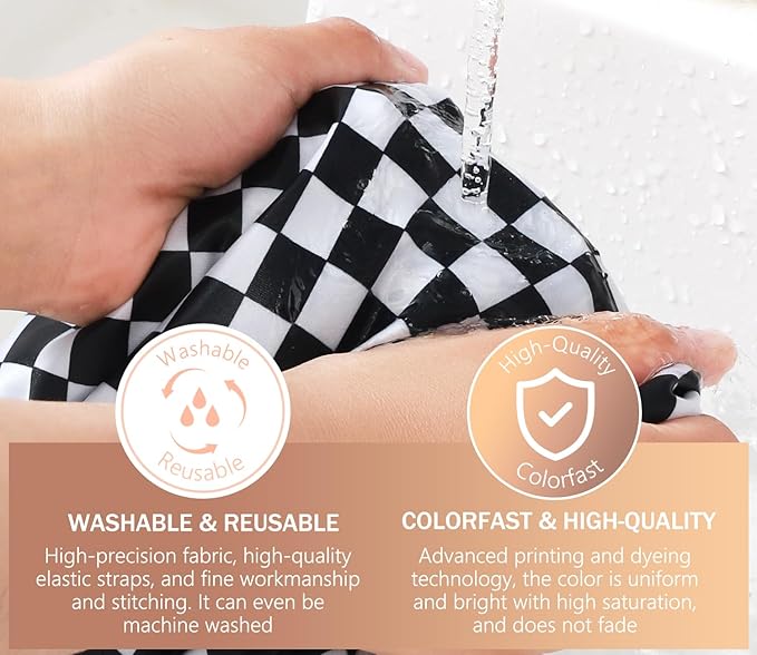 mikimini Shower Cap for Women and Girls, Elegant Chessboard Design,Double-layer Waterproof, Reusable, Washable, No Odor, Medium