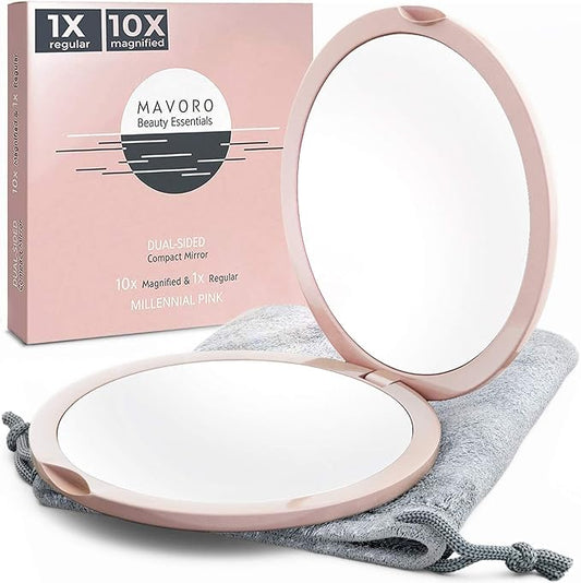 Magnifying Compact Mirror for Purses, 1x/10x Magnification – Double Sided Travel Makeup Mirror, 4 Inch Small Pocket or Purse Mirror. Distortion Free Folding Portable Compact Mirrors (Millennial Pink)