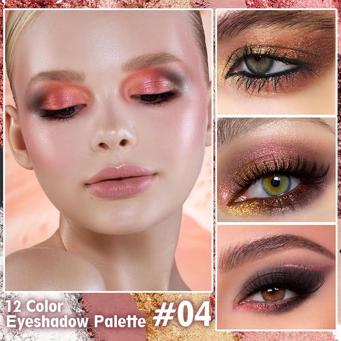 2-Pack 12-Color Nude Eyeshadow Palette with Mirror– Matte, Shimmer & Glitter Pigments Eye Makeup for Artists, Waterproof, Cruelty Free, Nude Pink Purple Brown Red Powder