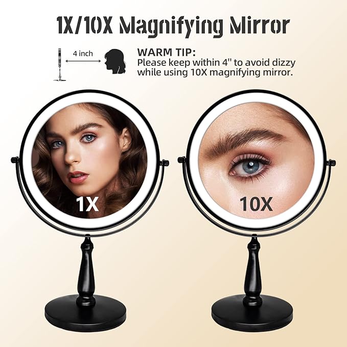 9 "Large Light Makeup Mirror, 1x / 10x True HD Magnifying Mirror, 3-Color LED Light dimmable, 2 Rechargeable Makeup Mirrors 360° Rotation, Standing Desk Makeup Mirror, Black