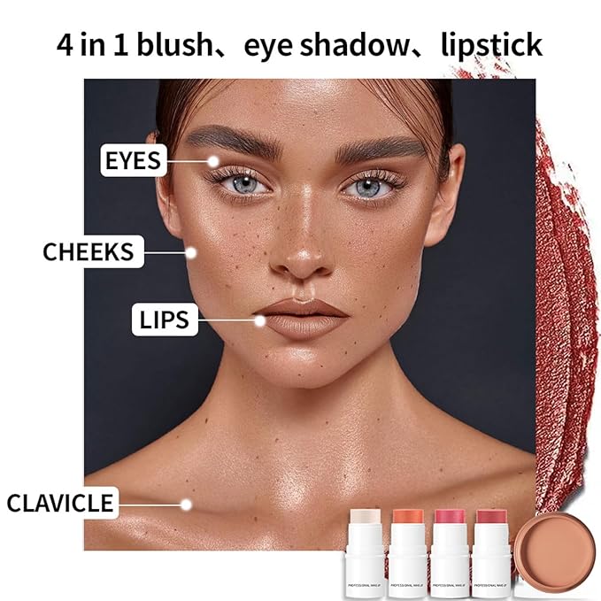 Blush Multi Stick, Lightweight & Blendable, Non-greasy & Waterproof, For Eyes, Lips & Cheeks, Highlight Contouring blush, Perfectly Blended, Contour Stick (SET 4, 2 in 1)