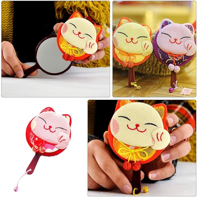 HEALLILY Pocket Hand Mirror - Maneki Neko Japanese Lucky Cat Design - Lightweight & Portable Travel Makeup Mirror - Double Sided - Random Color