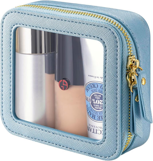 Mini Makeup Bag for Purse - Clear Travel Leather Toiletry Bag with Zipper - Car Organizer Bag - Small Waterproof Cosmetic Organizer Case for On-the-Go Essentials （Sky Blue）