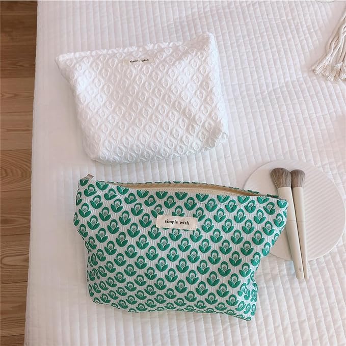 Makeup Bag Noble Floral Cosmetic Bag Cotton Toiletry Organizer Bag Portable Travel Bag Cute Pouch Case Make Up Bag for Women Green Color