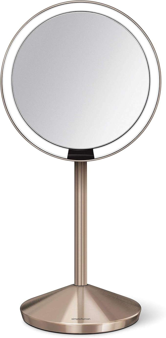simplehuman Sensor Mirror, Travel Makeup Mirror with Lights, 10X Magnification, Lighted, Round, Free Standing, 5", Rose Gold Stainless Steel
