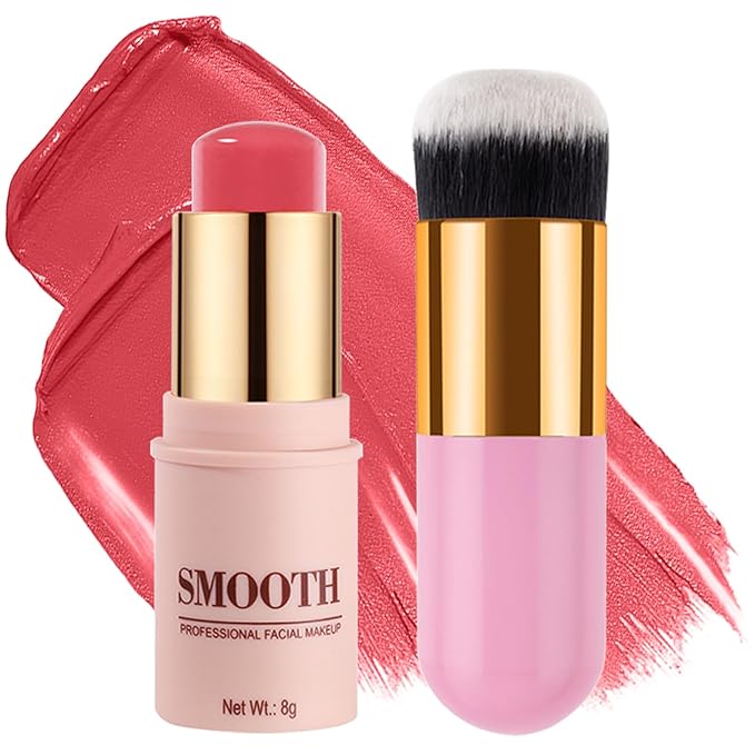 Multi-use Blush Stick, Monochromatic Face Beauty Wand for Cheek, Eyeshadow and Lip, Longwear Waterproof Matte Finish Cream Blush Makeup Stick with Brush for Women, 0.28oz (Peach Pink #02)