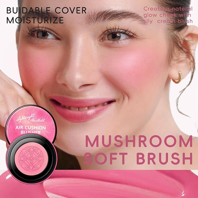 Cushion Blush for Cheeks with Air Mushroom Applicator Head Brush, Liquid Blusher Set Dewy Matte Finish, Moisturizing Cream Blush Tint Kit for Face Makeup Soft Pink