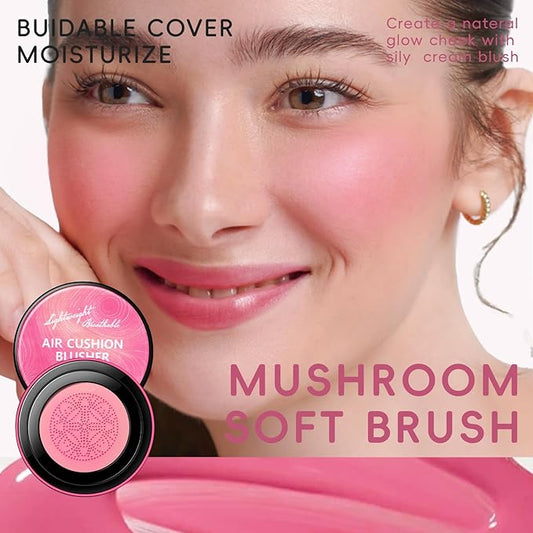Cushion Blush for Cheeks with Air Mushroom Applicator Head Brush, Liquid Blusher Set Dewy Matte Finish, Moisturizing Cream Blush Tint Kit for Face Makeup Soft Pink