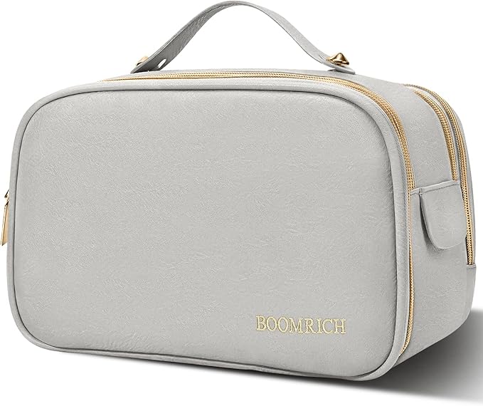 BOOMRICH Large Travel Makeup Bag, Cosmetic Bag, Toiletry Bag for Women, Water-Resistant Leather Toiletry Organizer, Dopp Kit for Toiletries Accessories, Blue Grey