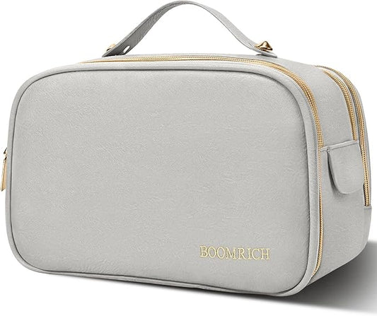 BOOMRICH Large Travel Makeup Bag, Cosmetic Bag, Toiletry Bag for Women, Water-Resistant Leather Toiletry Organizer, Dopp Kit for Toiletries Accessories, Blue Grey