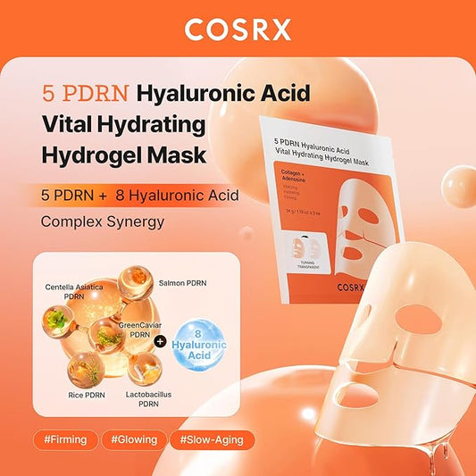 COSRX 5 PDRN Hyaluronic Acid Vital Hydrating Hydrogel Mask, Overnight Hydrogel Face Mask for Glass Glow Skin & Firming with Salmon DNA, Centella PDRN, Korean Skin Care, Stocking Stuffers (34g x 3ea)