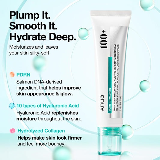 ANUA PDRN Hyaluronic Acid 100 Moisturizing Cream, Lightweight Hydrating Moisturizer with Salmon PDRN, Hyaluronic acid, Collagen for Glass Skin, Korean Skin Care (60ml / 2.02 fl. oz)