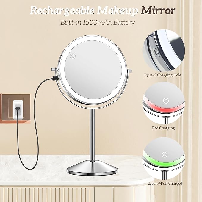 10X Lighted Makeup Mirror with Magnification 8" Stand Up Double Sided Magnifying Mirror with Lights 3 Color Brightness Adjustable Table Light up Mirror 360°Swivel Rechargable Light up Mirror