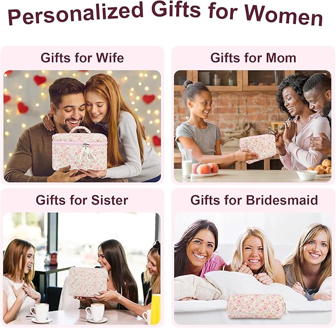 4Pcs Quilted Makeup Bag Set Cute Floral Cosmetic Bag Cotton Coquette Make up Bag Aesthetic Travel Toiletry Bag for Women Girls