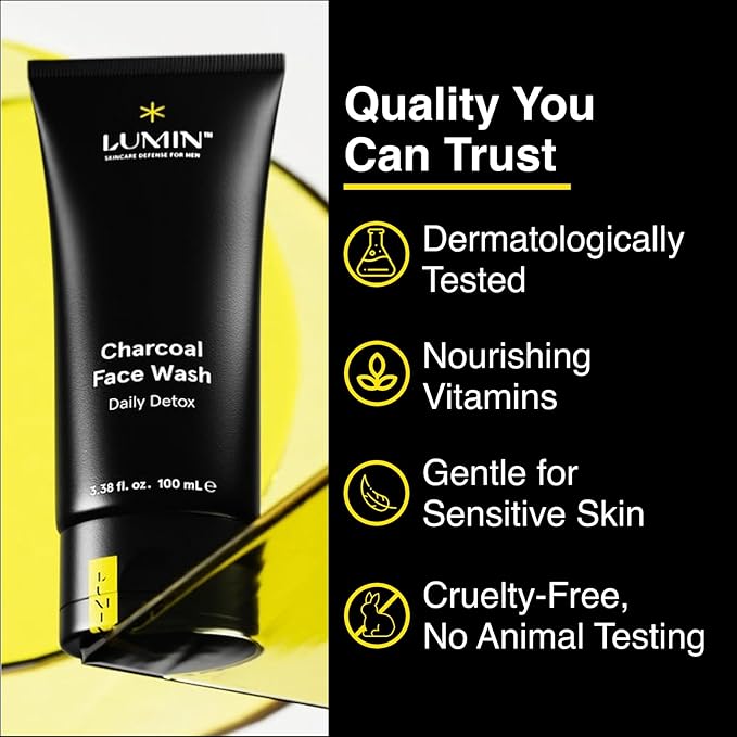 Lumin Charcoal Face Wash for Men Skincare - Daily Detox, Hydrating Face Cleanser, Removes Impurities, Exfoliates, Unclogs Pores, Controls Oil, Soothes Irritation, All Skin Types, 1 Pack