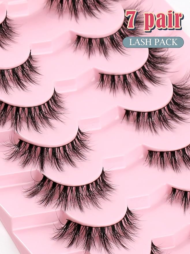 Lashes Natural Cat Eye Lashes Wispy Eyelashes 15mm False Eyelashes Wispy Lashes 3D Volume Strip Eyelashes Thin Cotton Band Soft Fake Eyelashes False Lashes Pack 7 Pairs Siligli