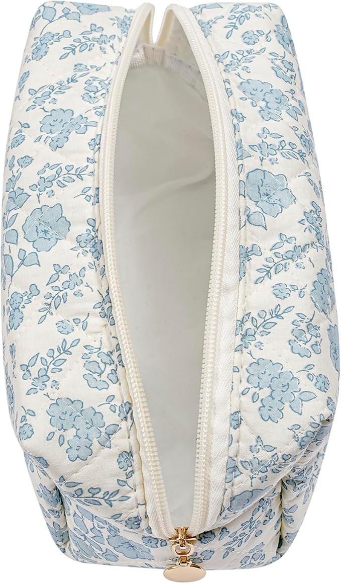 Makeup Bag Travel Cosmetic Bag for Women Girls, Zipper Make Up Pouch, Floral Flowers Toiletry Organizer Makeup, Portable Storage Bag, Cosmetic Travel Cloth Bag (2 Pack (L+S)/Blue Floral)