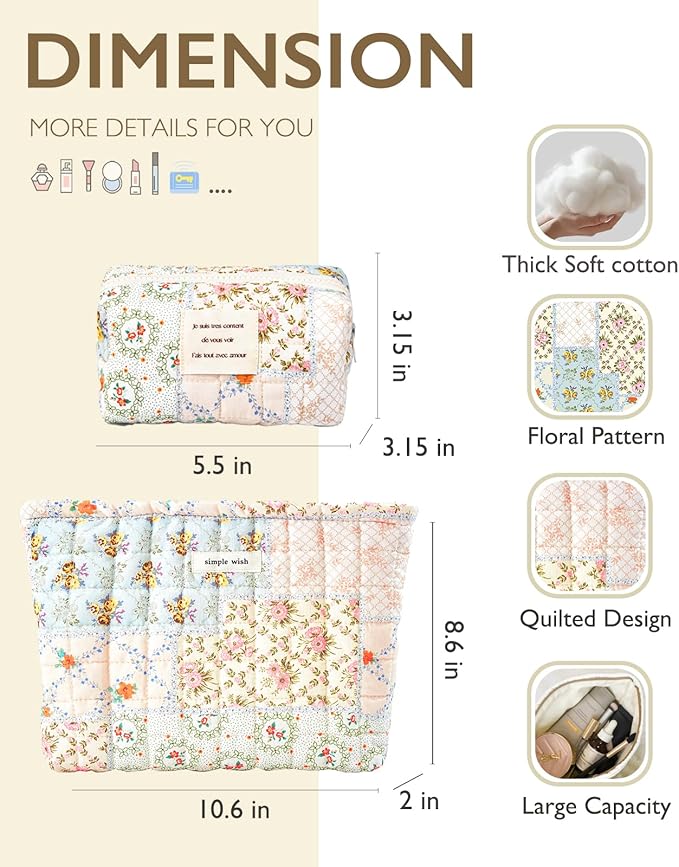 2 Pieces Floral Makeup Bag, Cute Travel Quilted Pouch Cosmetic Bag Organizer, Small Cotton Coquette Aesthetic Purse Toiletry Bag for Women Girls accessories (Blue Flower-2PCS)