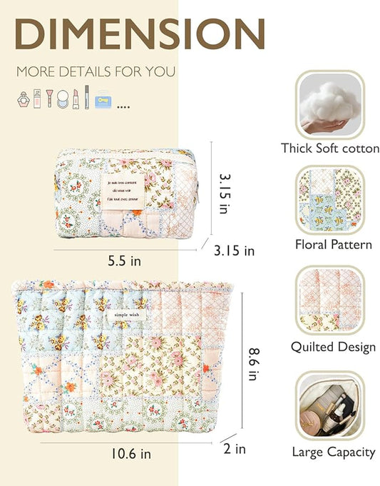 2 Pieces Floral Makeup Bag, Cute Travel Quilted Pouch Cosmetic Bag Organizer, Small Cotton Coquette Aesthetic Purse Toiletry Bag for Women Girls accessories (Blue Flower-2PCS)