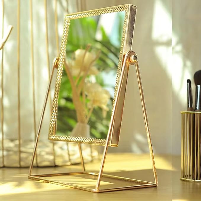 LONGSHENG - SINCE 2001 - Makeup Mirror Single Sided Cosmetic Mirror Rectangle Beauty Mirror Handmade Make Up Mirror for Dresser Vanity Table Desk - Gold