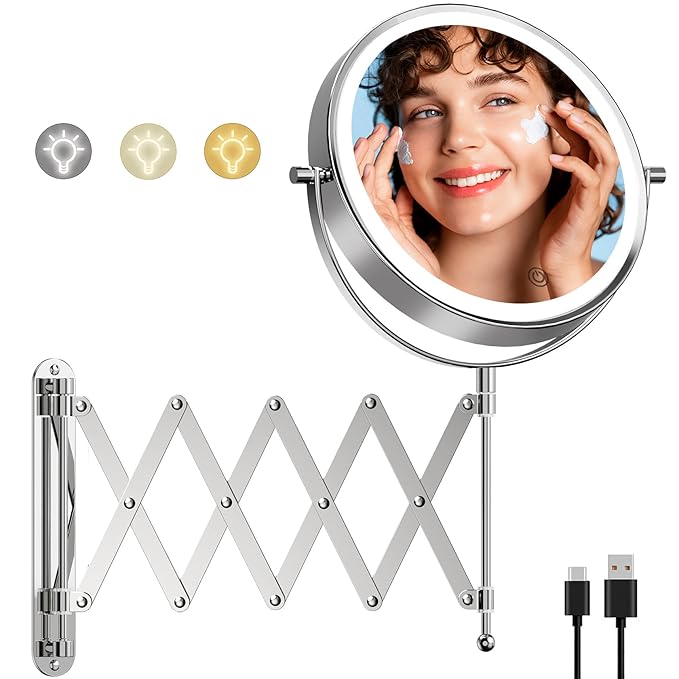 Famihomii Rechargeable Lighted Makeup Mirror Wall Mounted, 8 Inch 1X/10X Double Sided Magnifying Mirror with 3 Light, 360° Swivel Bathroom Extendable Mirror, Telescoping Mesh Shaving Mirror - Chrome
