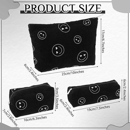 3 Pcs Makeup Bag Set for Women Corduroy Cosmetic Pouch Aesthetic Smile Travel Toiletry Bag Cute Purse Pouch Pencil Case Makeup Brushes Storage Organizer for Christmas(Black,Smile Face)