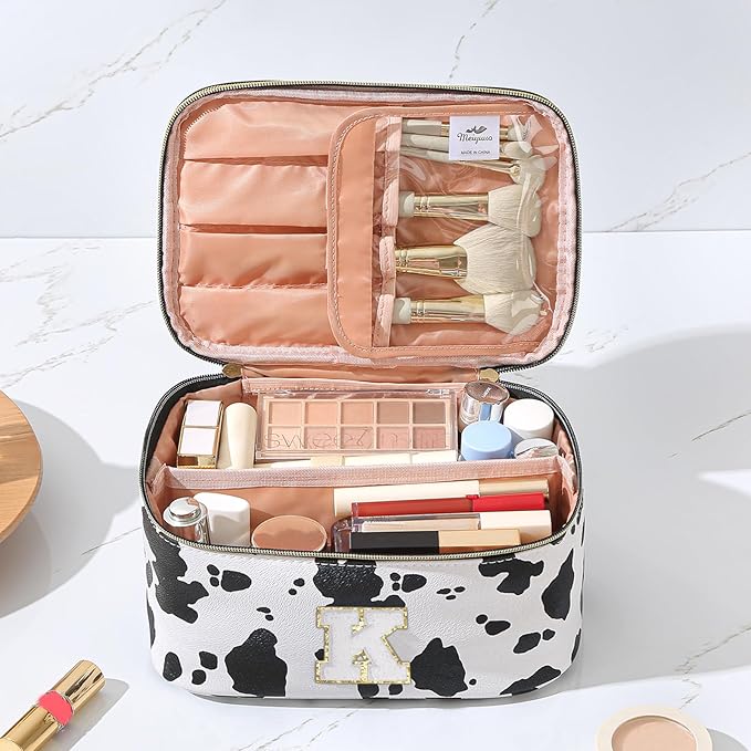 Meiyuuo Birthday Gifts Personalized Makeup Bag Cute Cosmetic Bags Large Travel Pro Pouch Toiletry Bag with Divider and Handle Teens Tweens Gifts Trendy Stuff Cow Print K